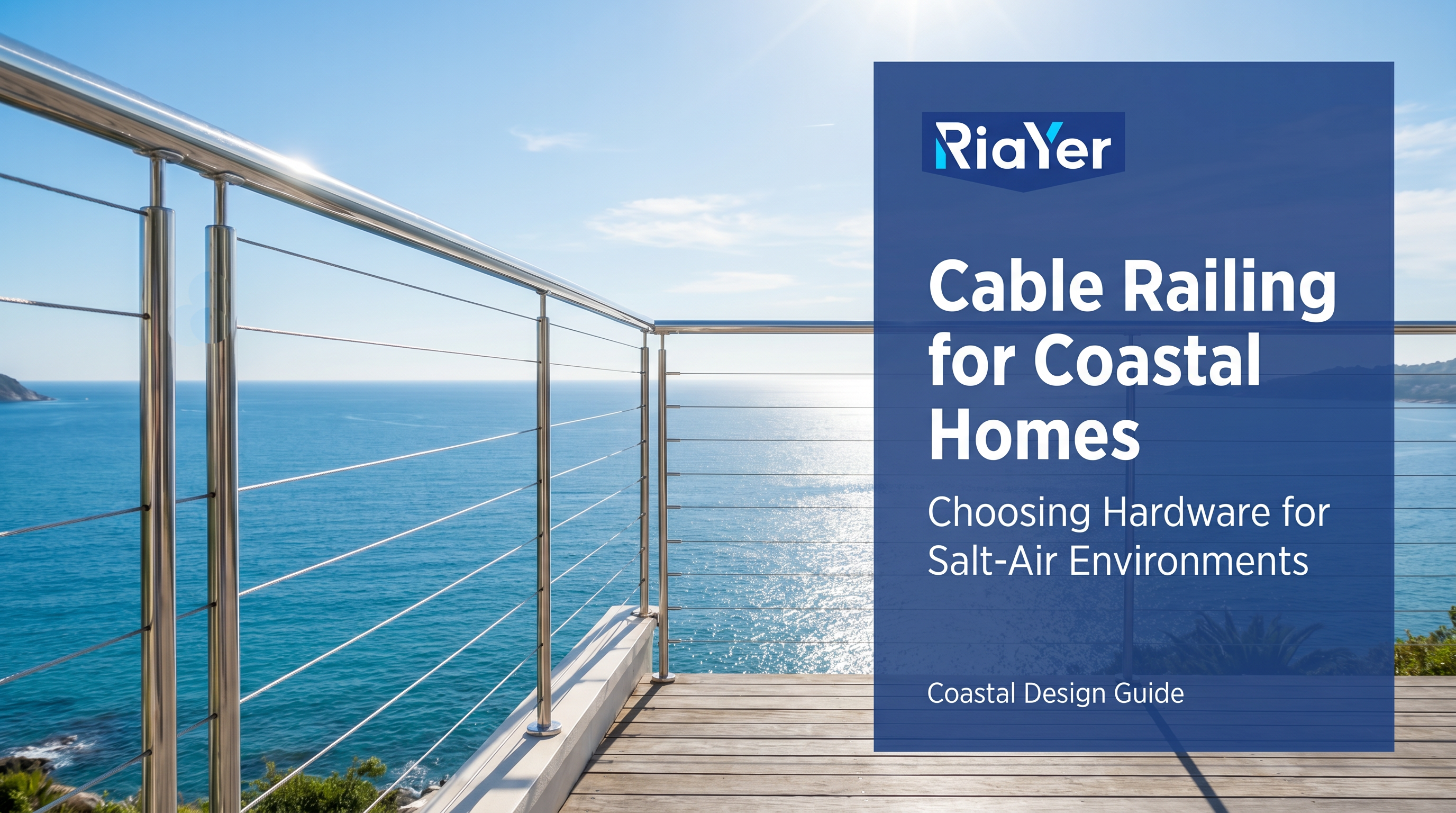 Stainless steel cable railing on a coastal deck exposed to salt air and ocean views