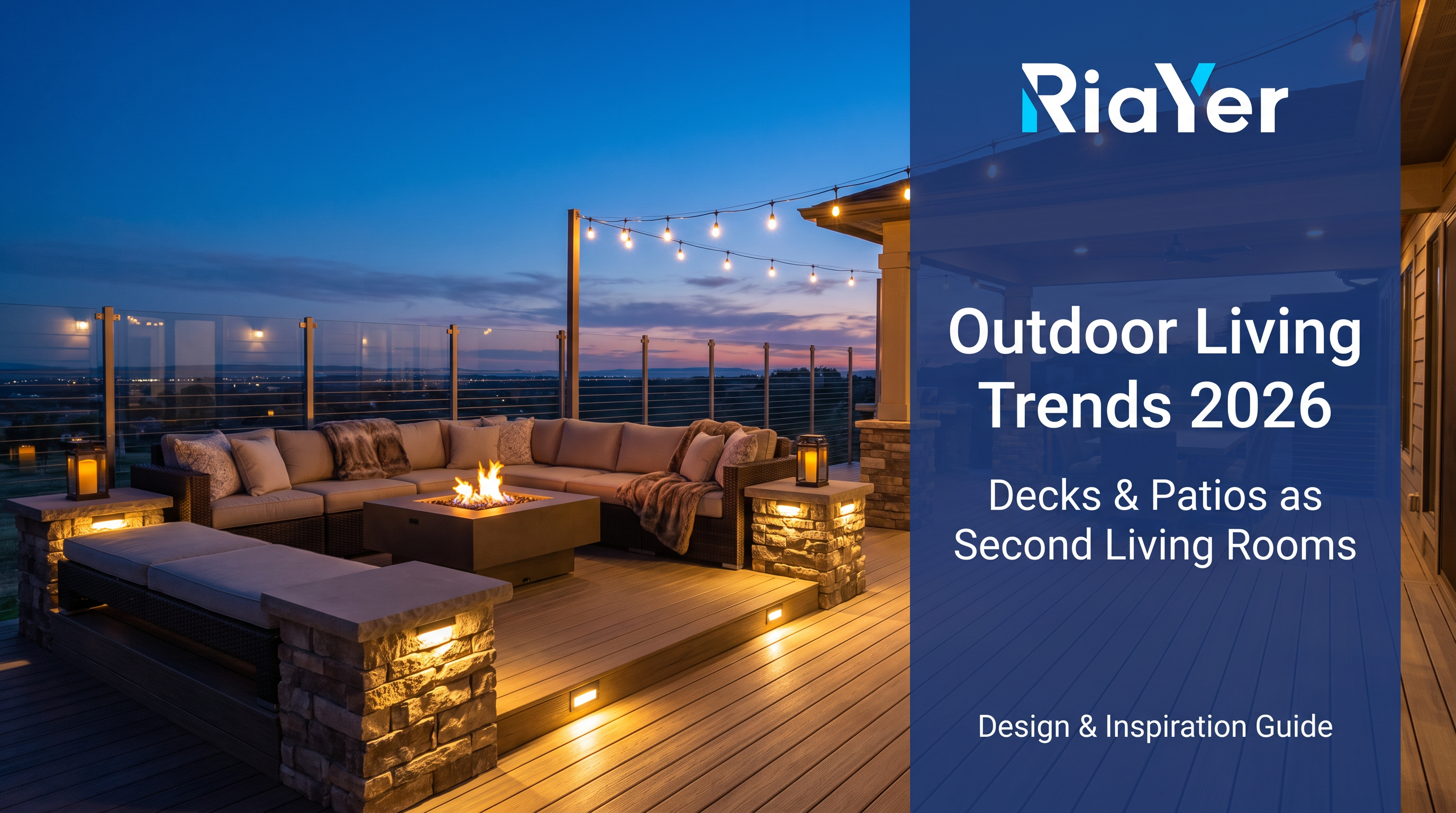 Modern outdoor living deck with seating, cable railing and warm evening lighting