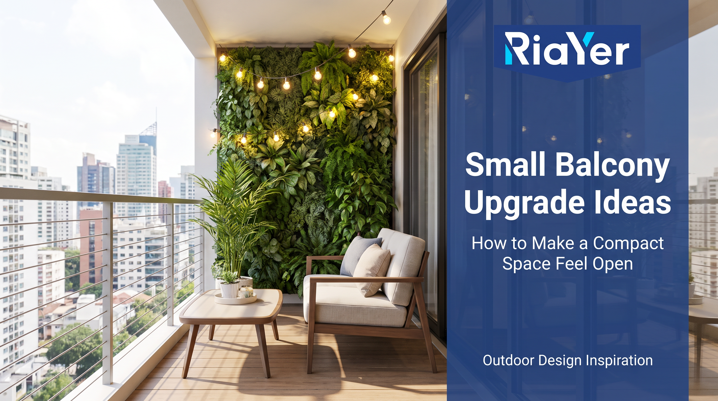 Small modern balcony with open railing, plants and compact outdoor furniture