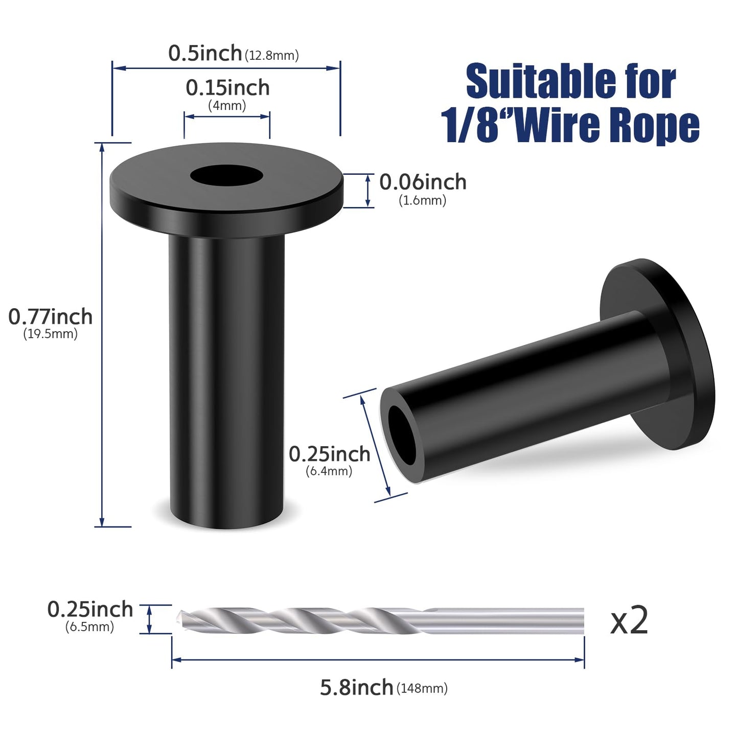 Dimensions for 1/8 inch wire rope black wood post protector sleeve with drill bit