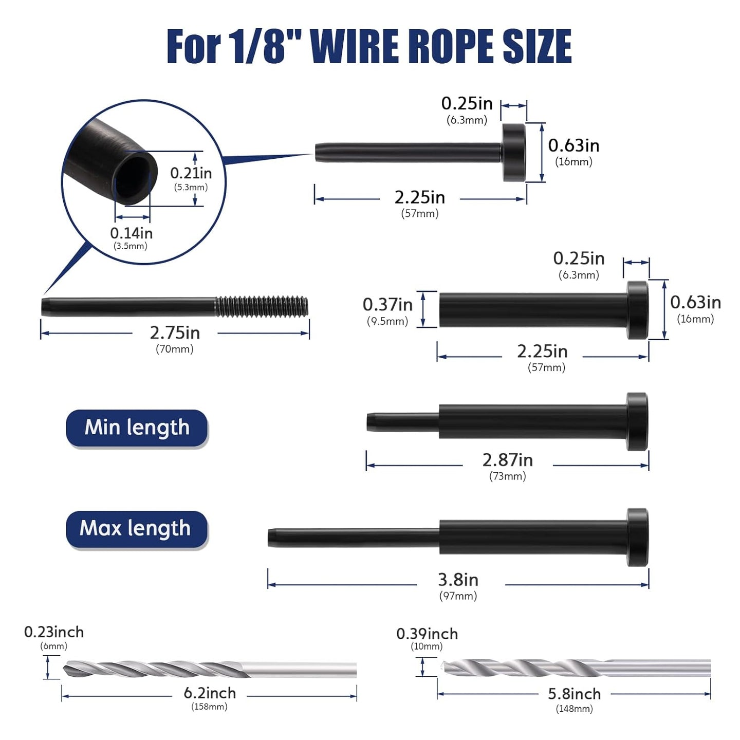Dimensions and specifications for 1/8 inch black invisible turnbuckle cable tensioner