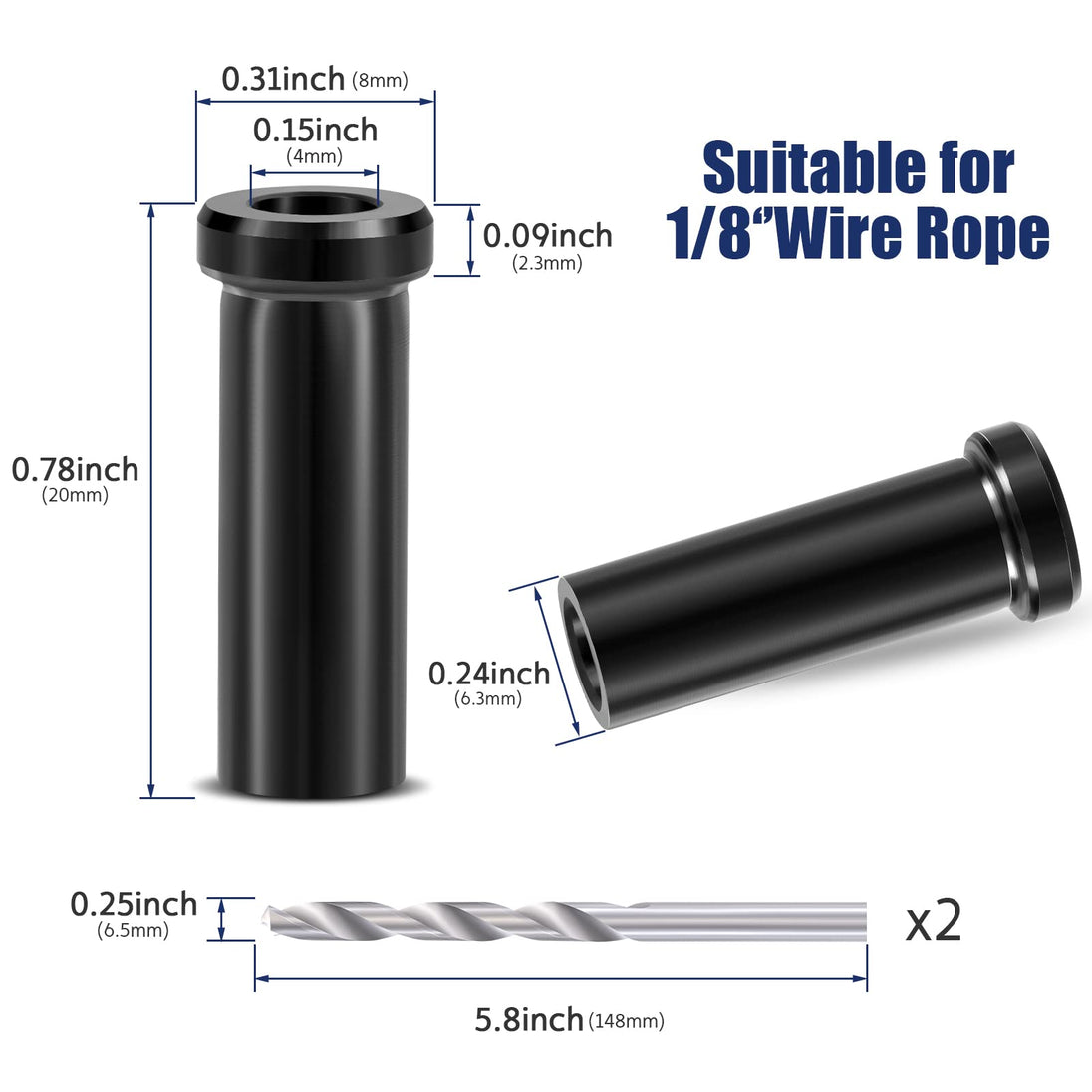 Dimensions for 1/8 inch wire rope black protector sleeve with 2 drill bits included