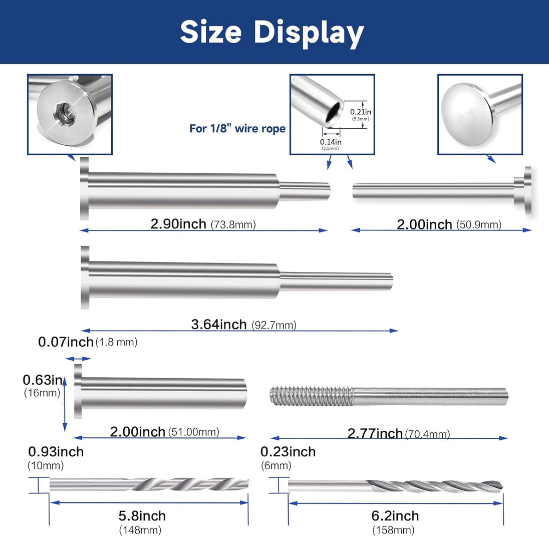 Size display and dimensions for 1/8 inch wire rope flat head invisible turnbuckle