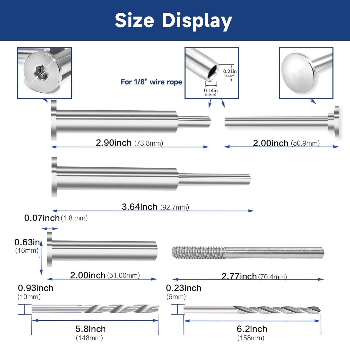 Size display and dimensions for 1/8 inch wire rope flat head invisible turnbuckle