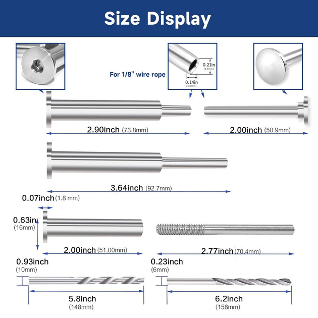Size display and dimensions for 1/8 inch wire rope flat head invisible turnbuckle