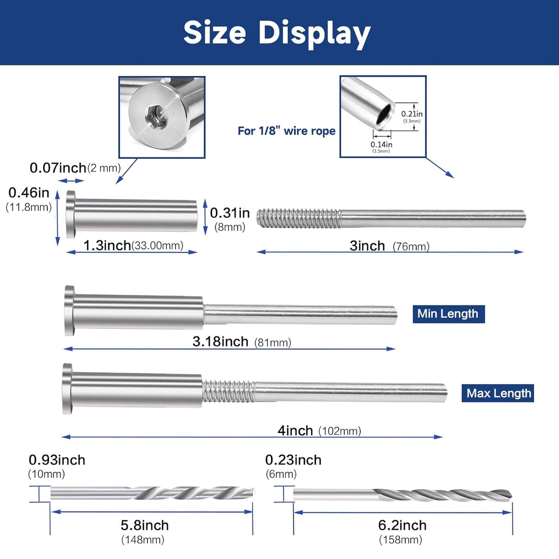 Dimensions and specifications for 1/8 inch wire rope invisible tension receiver
