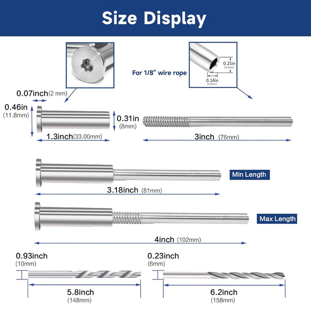 Dimensions and specifications for 1/8 inch wire rope invisible tension receiver