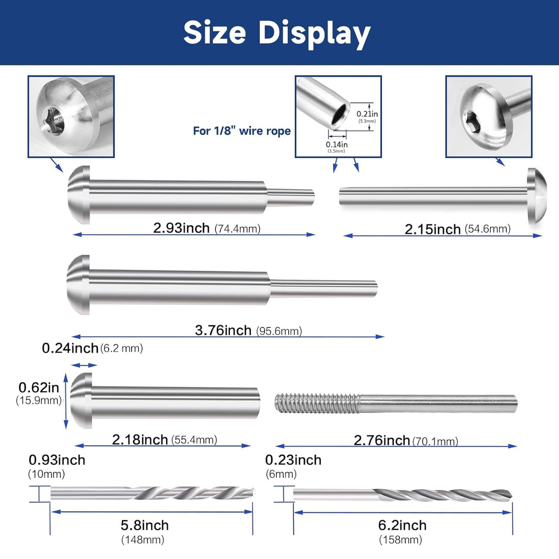 Size display and dimensions for 1/8 inch wire rope round head invisible turnbuckle