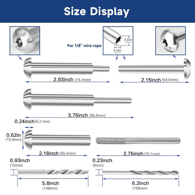 Size display and dimensions for 1/8 inch wire rope round head invisible turnbuckle