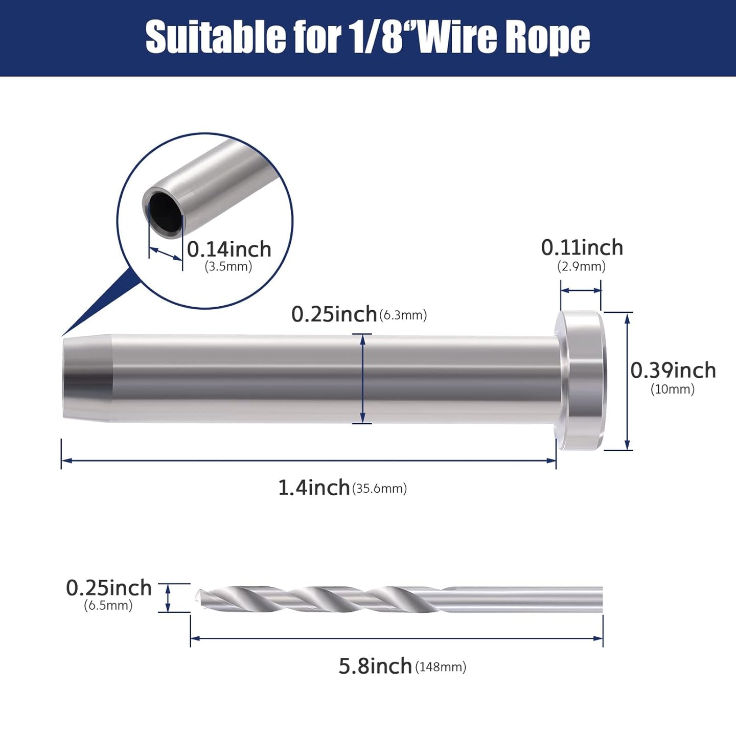 Dimensions and specifications for 1/8 inch silver invisible dead end terminal hardware