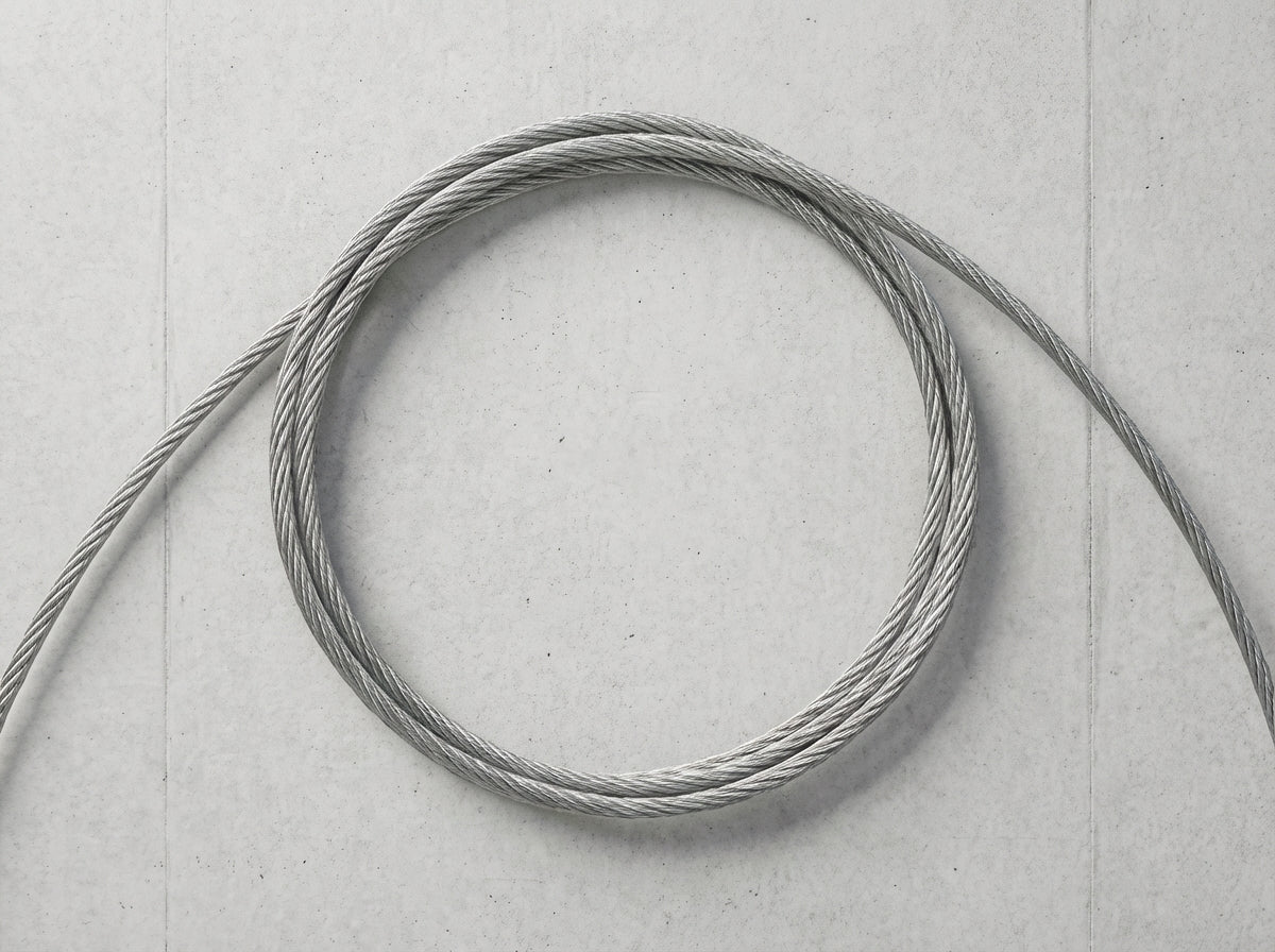 A loose coil of premium braided stainless steel wire rope resting on a light grey surface. The detailed view highlights the flexible multi-strand structure of the metal aircraft cable.