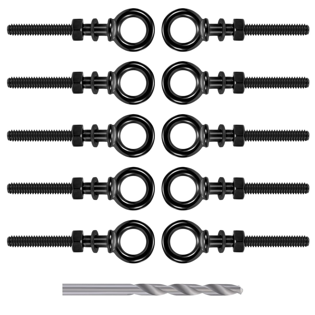 10 pack of 1/4 inch black stainless steel eye bolts with nuts washers and drill bit