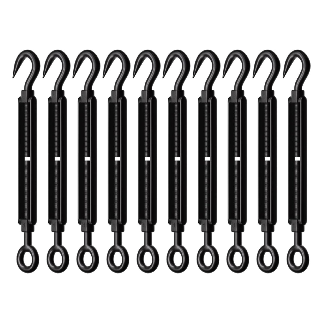 Set of ten black 304 stainless steel hook and eye turnbuckles for wire rigging