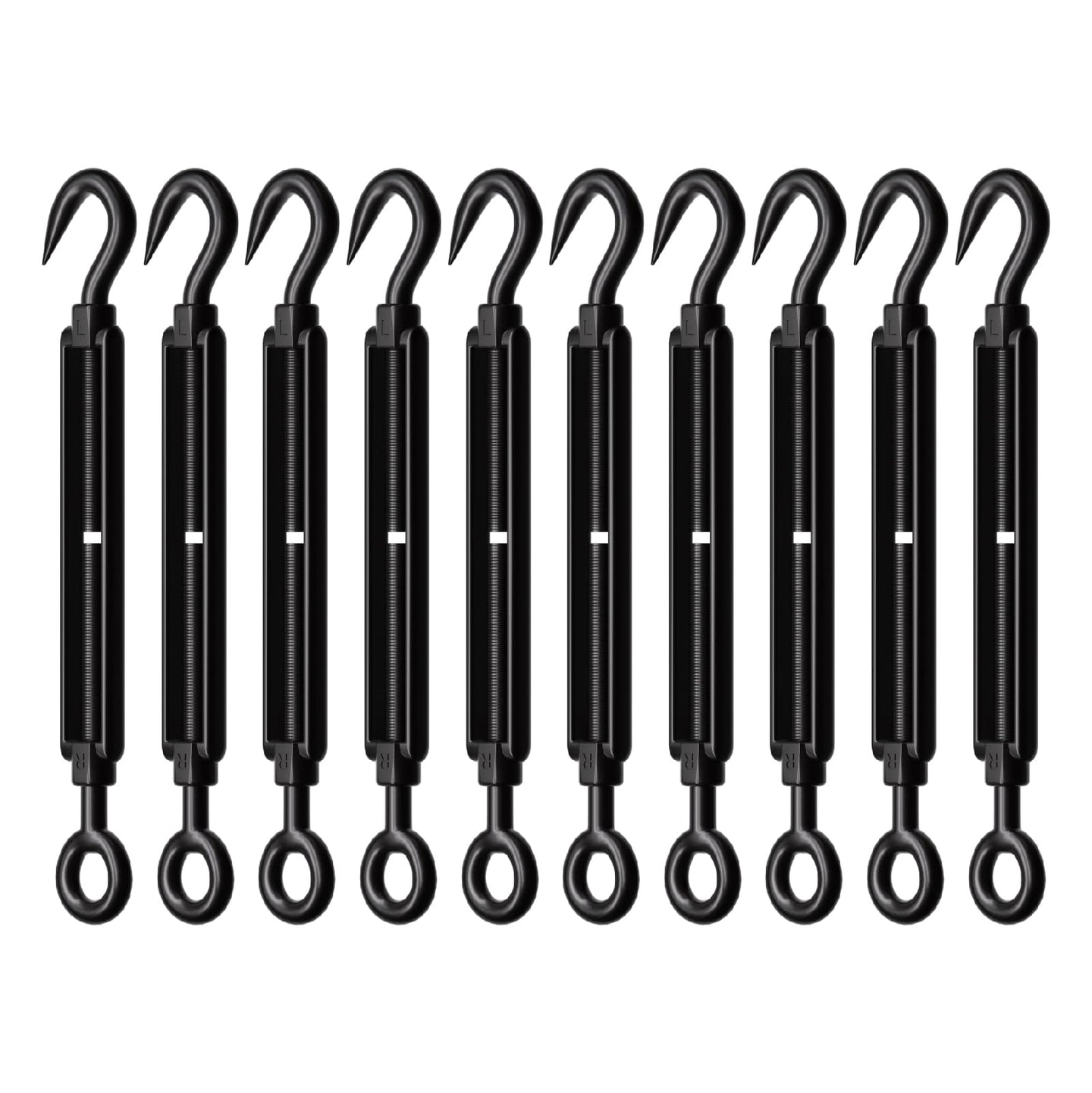 Set of ten black 304 stainless steel hook and eye turnbuckles for wire rigging