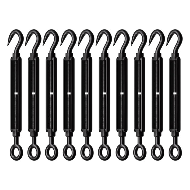 Set of ten black 304 stainless steel hook and eye turnbuckles for wire rigging