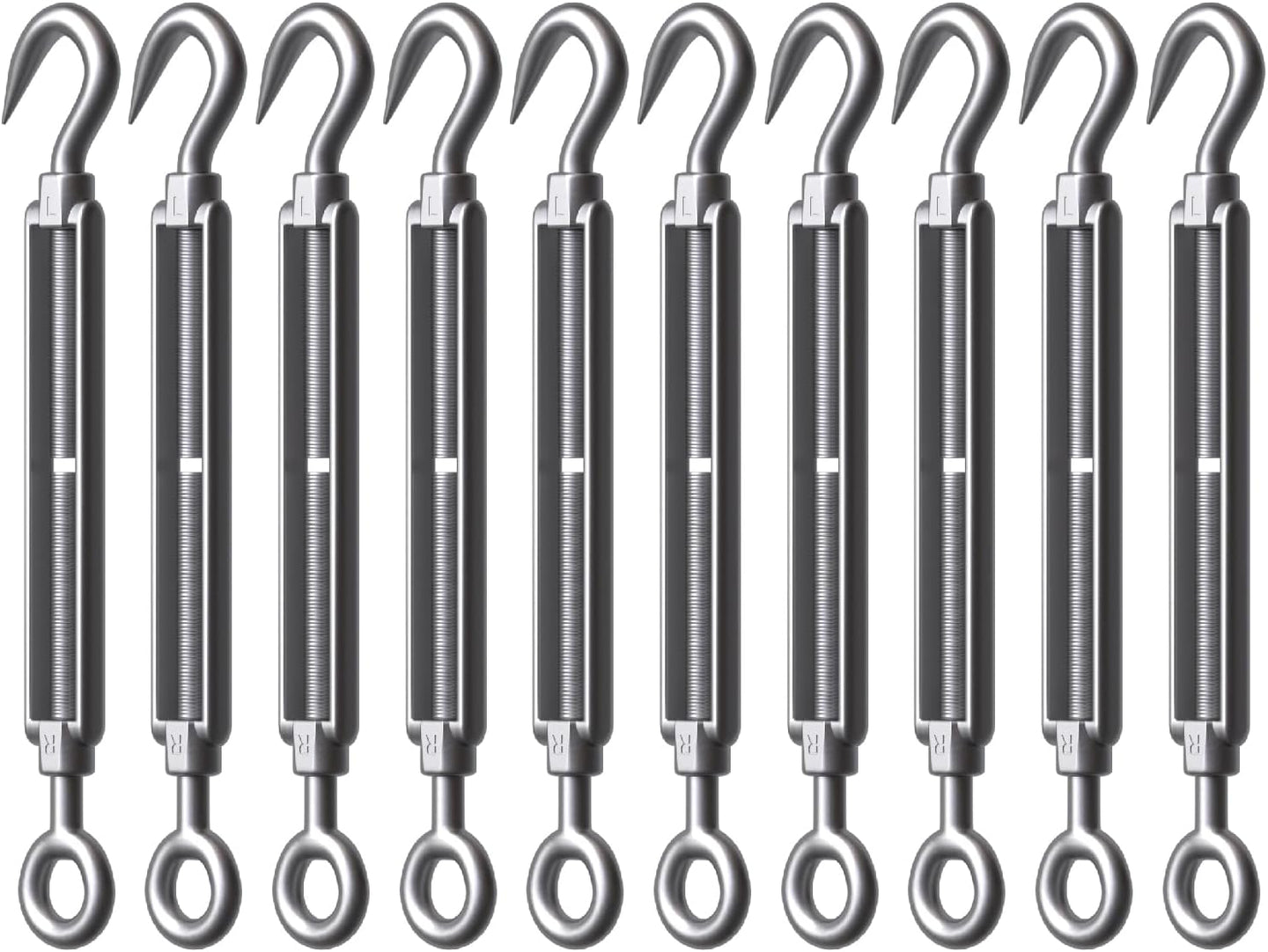Set of ten 304 stainless steel hook and eye turnbuckles for wire rigging