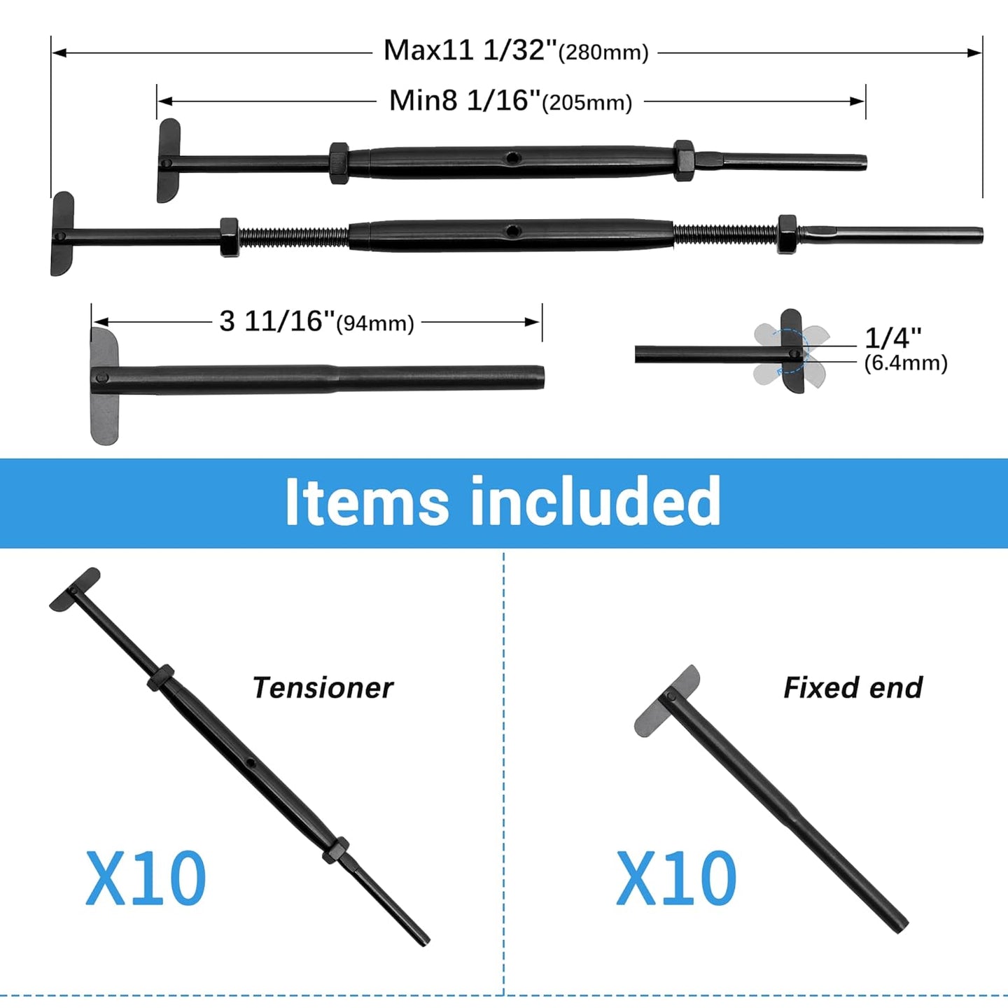 Items included 10 pairs of black blade toggle turnbuckles and fixed ends