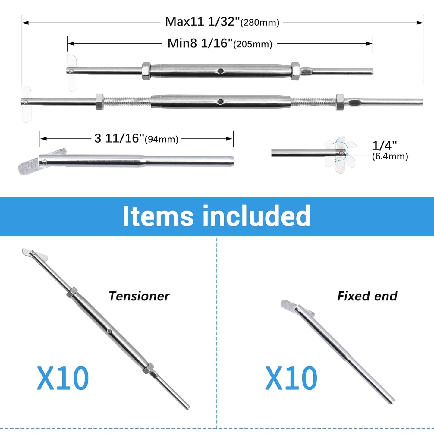Items included 10 pairs of silver blade toggle turnbuckles and fixed ends
