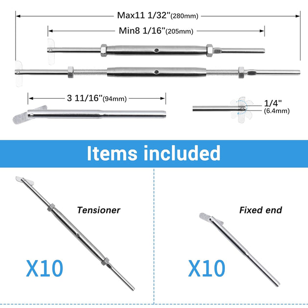 Items included 10 pairs of silver blade toggle turnbuckles and fixed ends