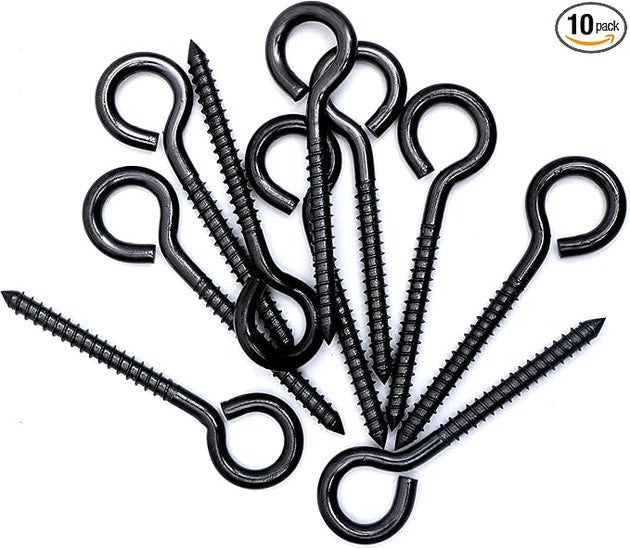 Set of 10 pieces RiaYer black stainless steel eye screws ready for installation.