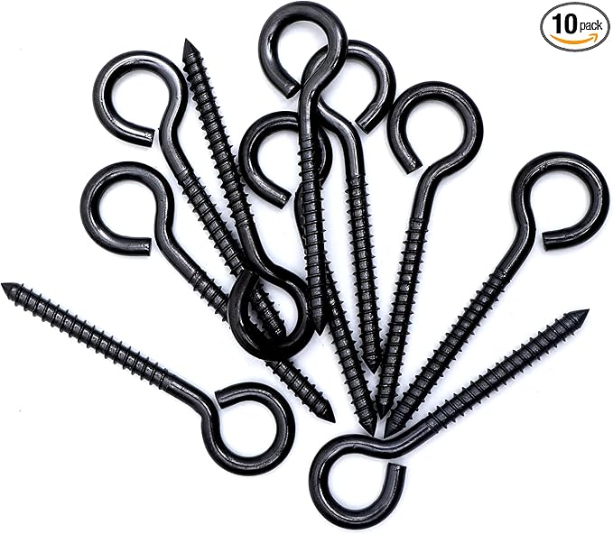 Set of 10 pieces RiaYer black stainless steel eye screws ready for installation.