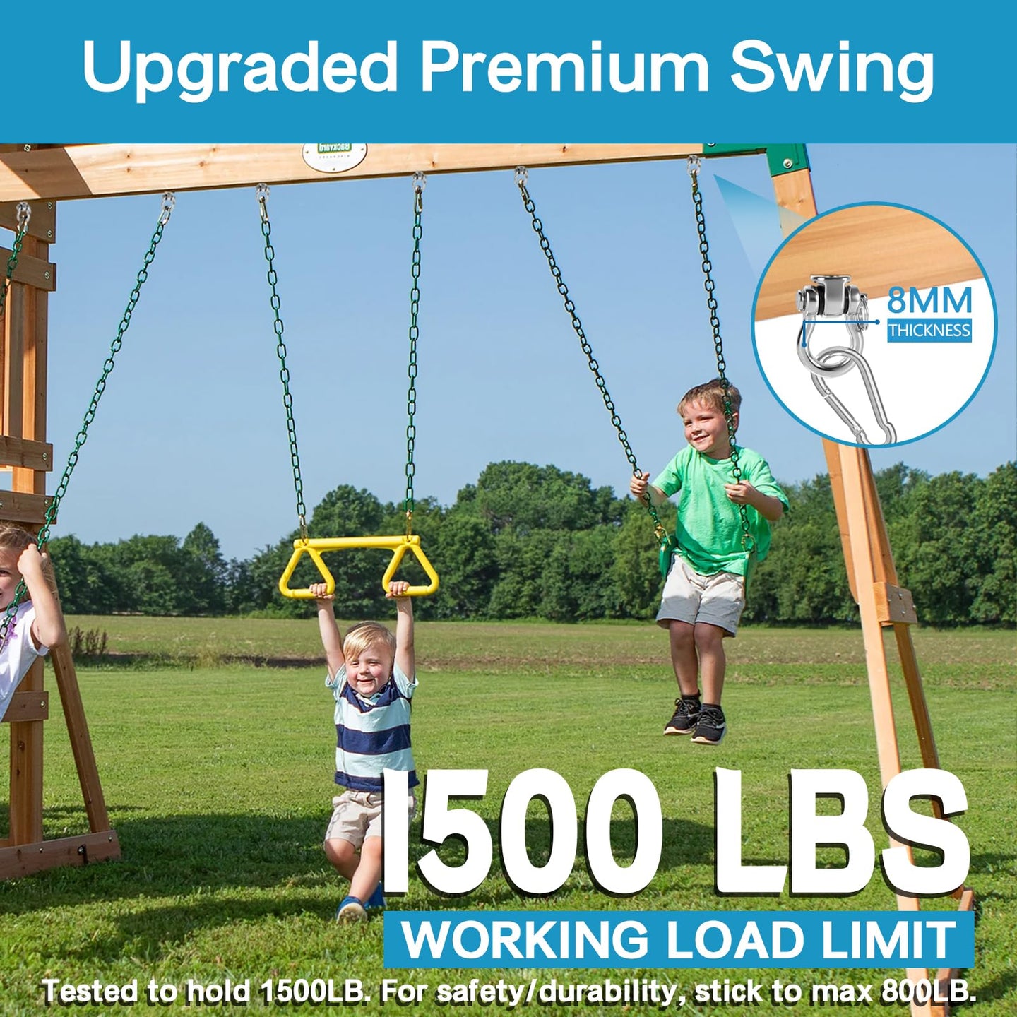RiaYer heavy duty swing hanger ensuring playground safety with a 1500 lbs working load limit.