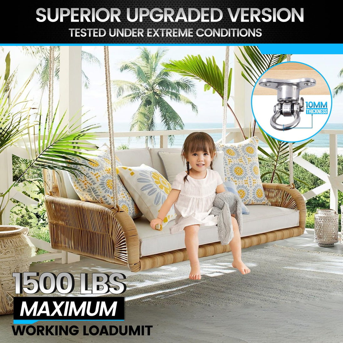 RiaYer ceiling hanger demonstrating a 1500 lbs maximum working load limit for a safe porch swing.