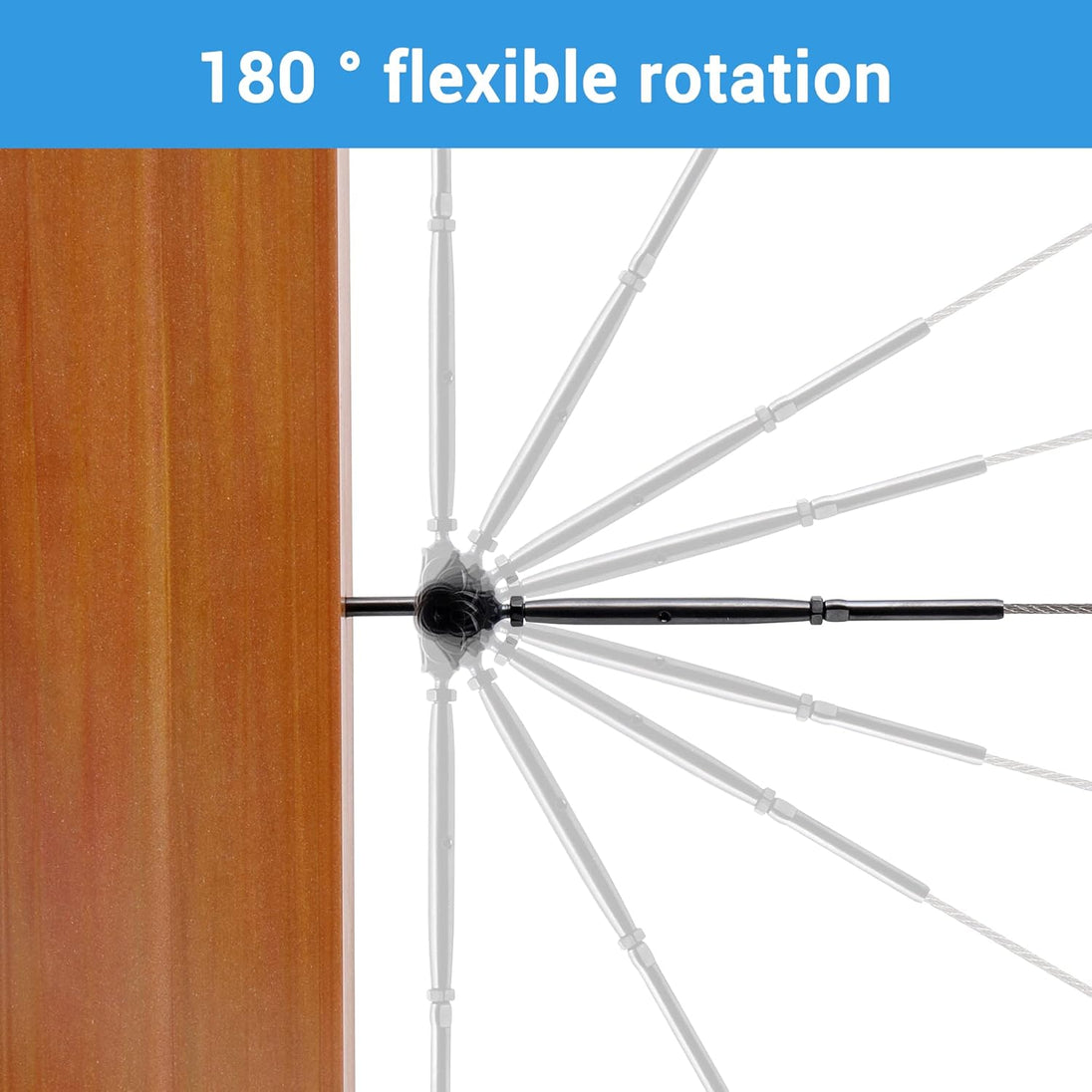 Technical diagram illustrating the 180-degree flexible rotation range of a swage lag screw swivel joint for sloped stair cable railings.
