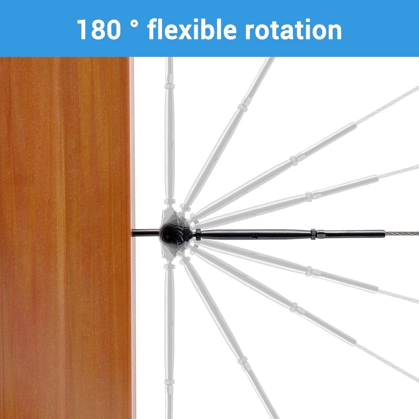 Technical diagram illustrating the 180-degree flexible rotation range of a swage lag screw swivel joint for sloped stair cable railings.