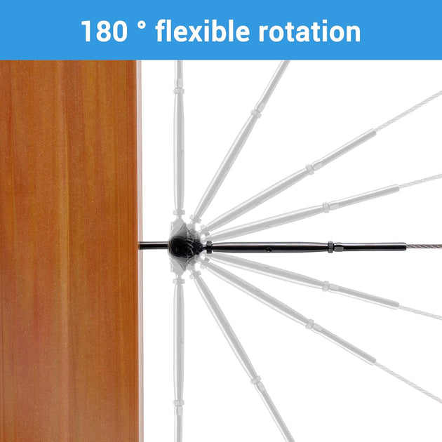 Technical diagram illustrating the 180-degree flexible rotation range of a swage lag screw swivel joint for sloped stair cable railings.