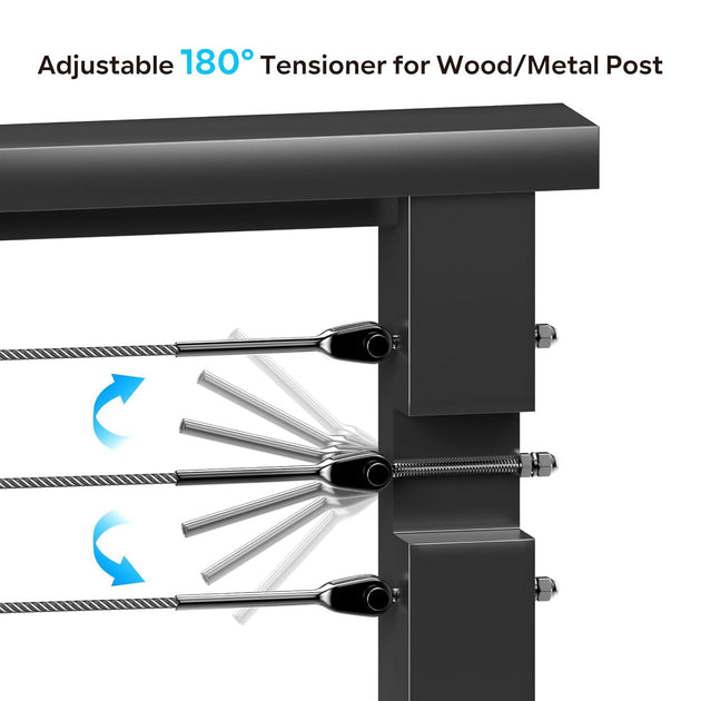 180 degree swivel turnbuckle tensioner for angled stair cable railing.