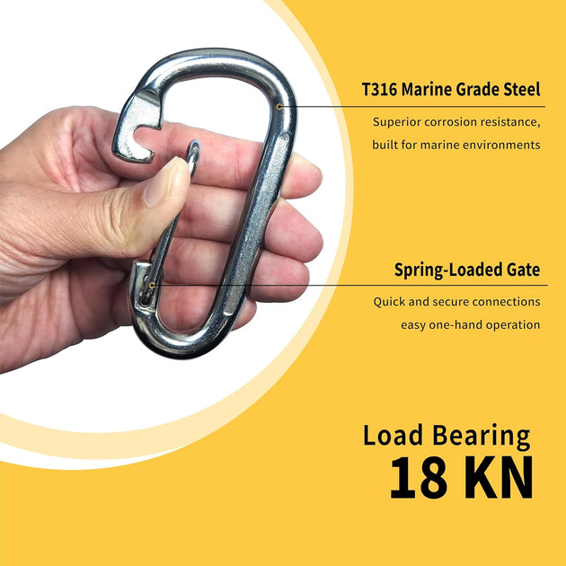	RiaYer stainless steel carabiner demonstrating 18KN load bearing capacity.