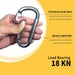 	RiaYer stainless steel carabiner demonstrating 18KN load bearing capacity.