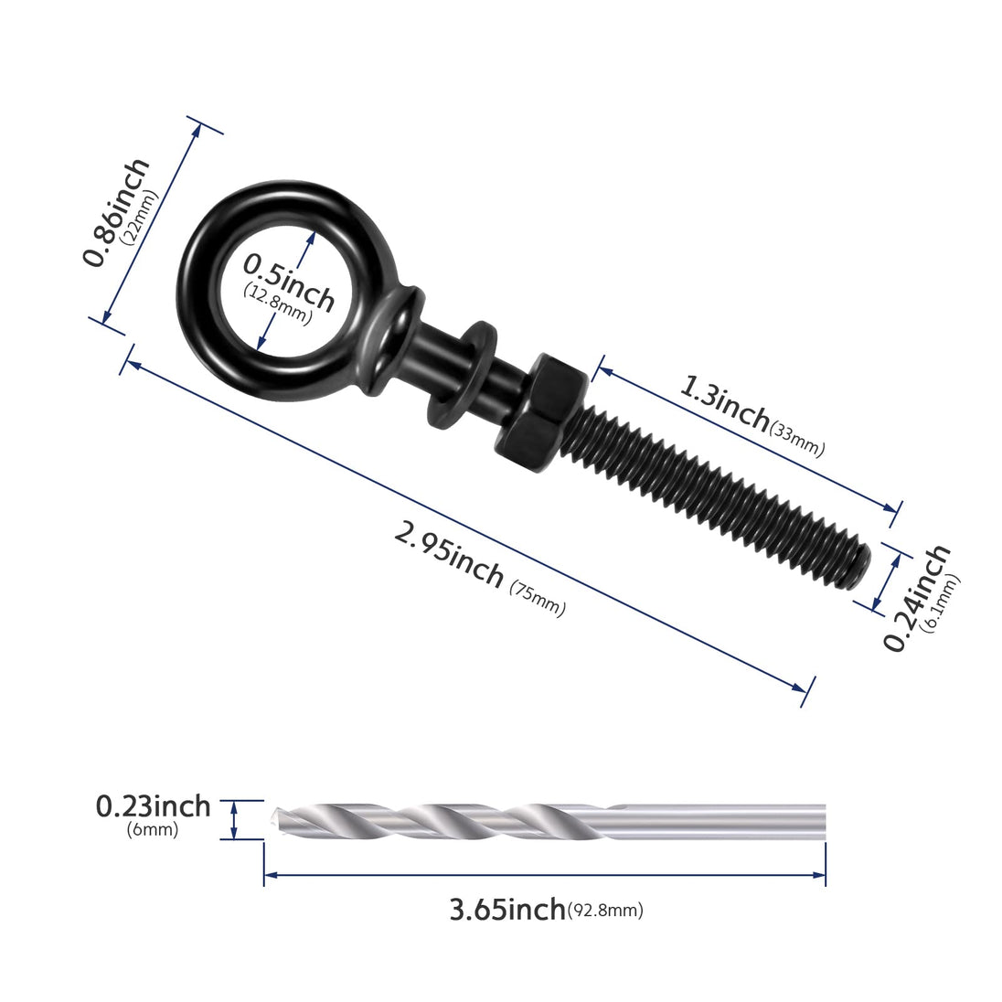 Dimensions for 1/4 inch black eye bolt with 2 inch extended thread