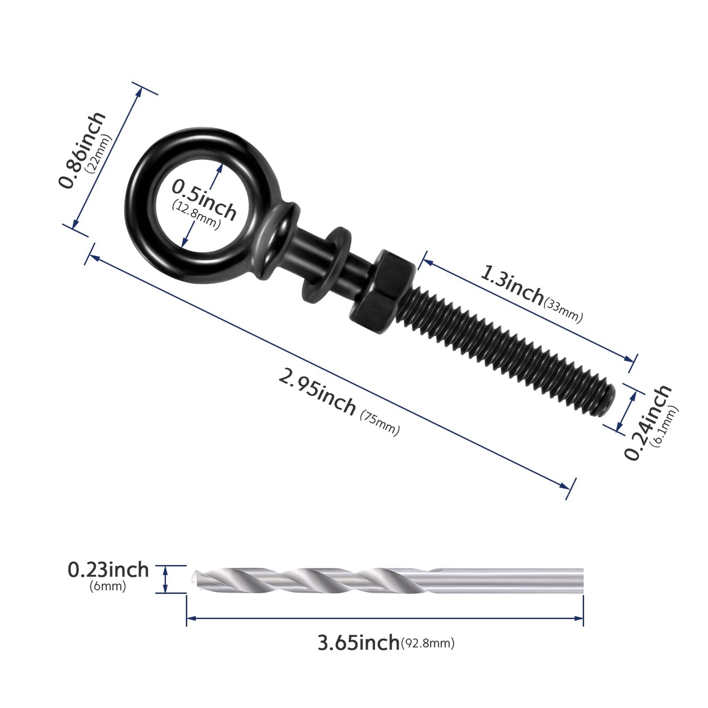 Dimensions for 1/4 inch black eye bolt with 2 inch extended thread