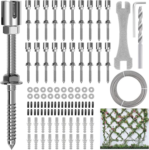 Complete 20 hub RiaYer adjustable heavy duty wire trellis kit including T316 stainless steel standoffs, uncoated wire rope, and installation hardware for climbing plants