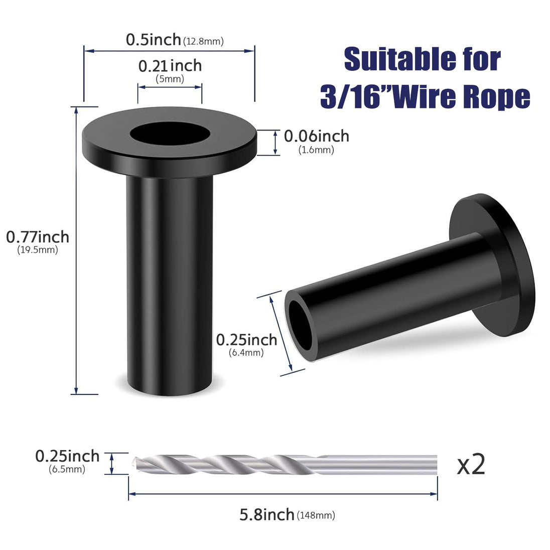 Dimensions for 3/16 inch wire rope black protective sleeve with included drill bit