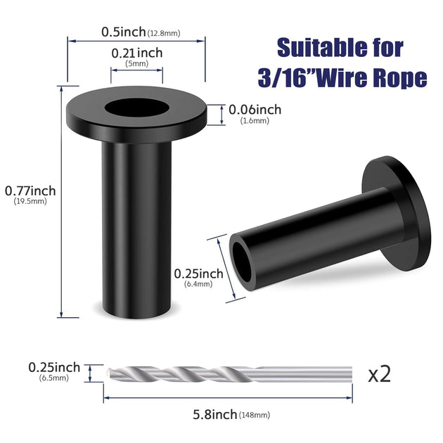 Dimensions for 3/16 inch wire rope black protective sleeve with included drill bit