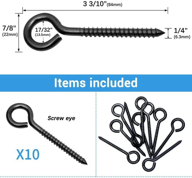 Dimensions of the 3.3 inch RiaYer black screw eye bolt showing 10 pack items included.