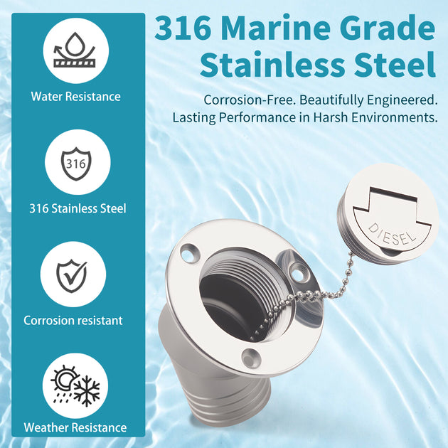 Detail view of 316 stainless steel retaining chain and watertight O-ring