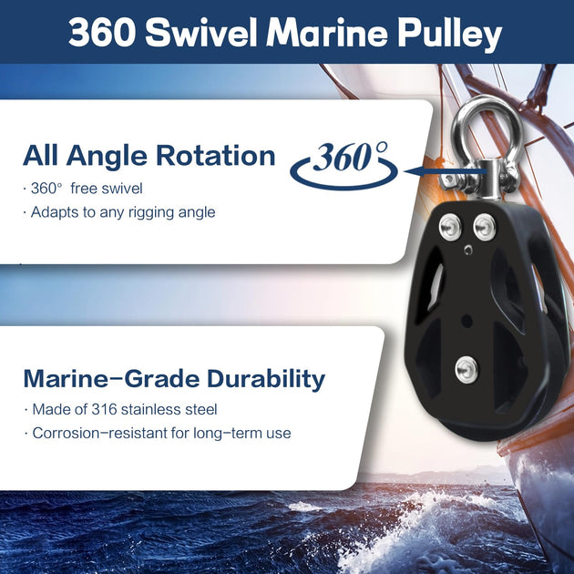 360 degree all-angle rotation feature of the RiaYer swivel marine pulley.