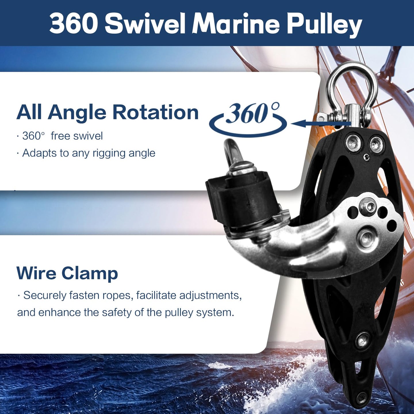 Detailed features of RiaYer pulley including 360 degree swivel head and secure wire rope cam clamp.