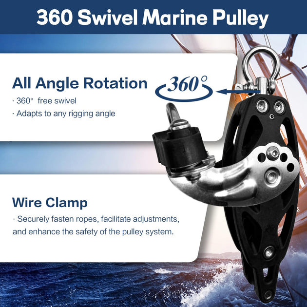 Detailed features of RiaYer pulley including 360 degree swivel head and secure wire rope cam clamp.