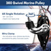 Detailed features of RiaYer pulley including 360 degree swivel head and secure wire rope cam clamp.