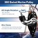 Detailed features of RiaYer pulley including 360 degree swivel head and secure wire rope cam clamp.