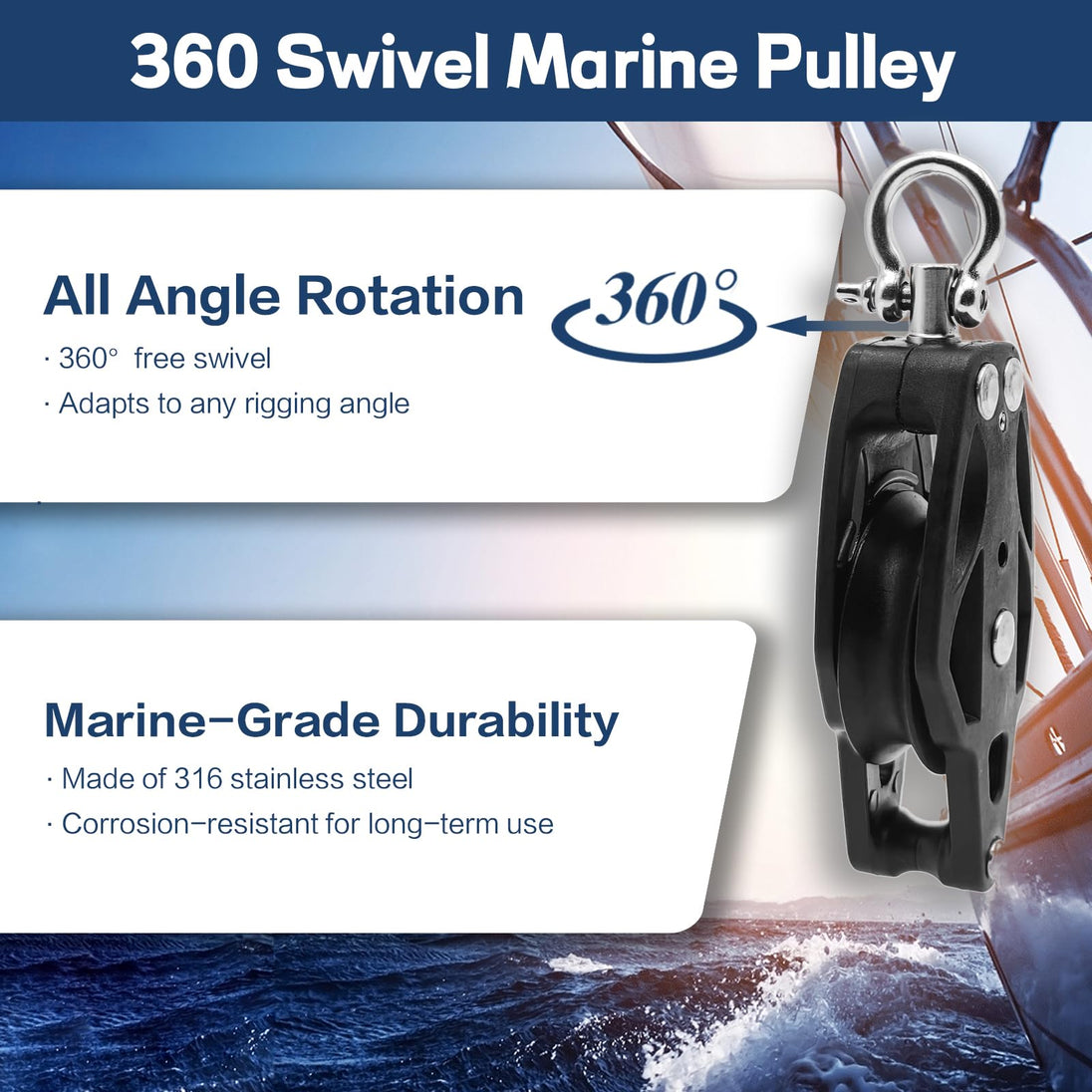 RiaYer marine pulley block featuring 360 degree all-angle rotation swivel head.