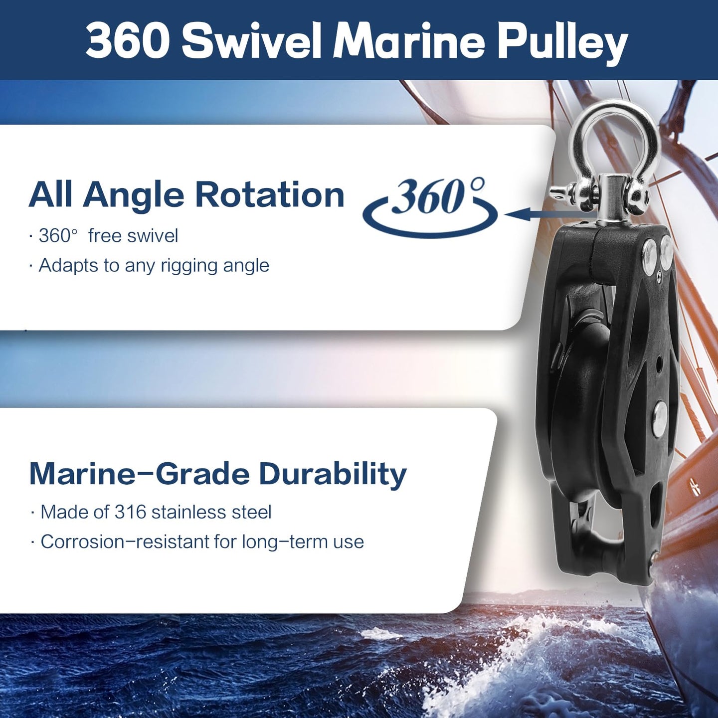 RiaYer marine pulley block featuring 360 degree all-angle rotation swivel head.