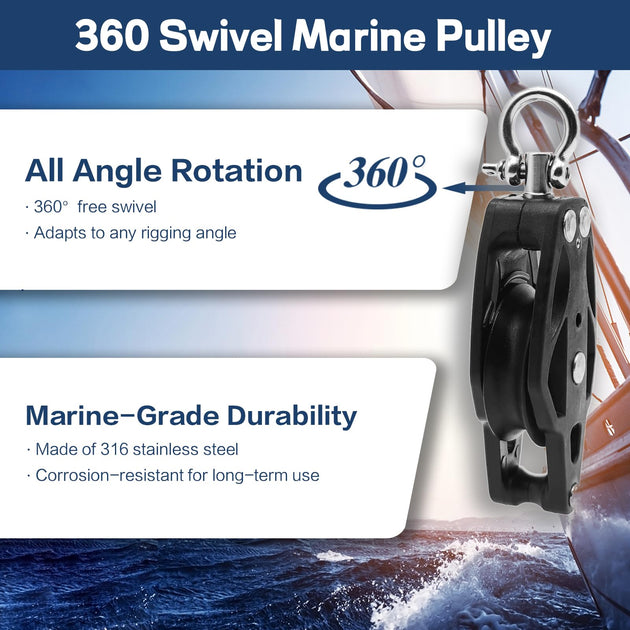 RiaYer marine pulley block featuring 360 degree all-angle rotation swivel head.