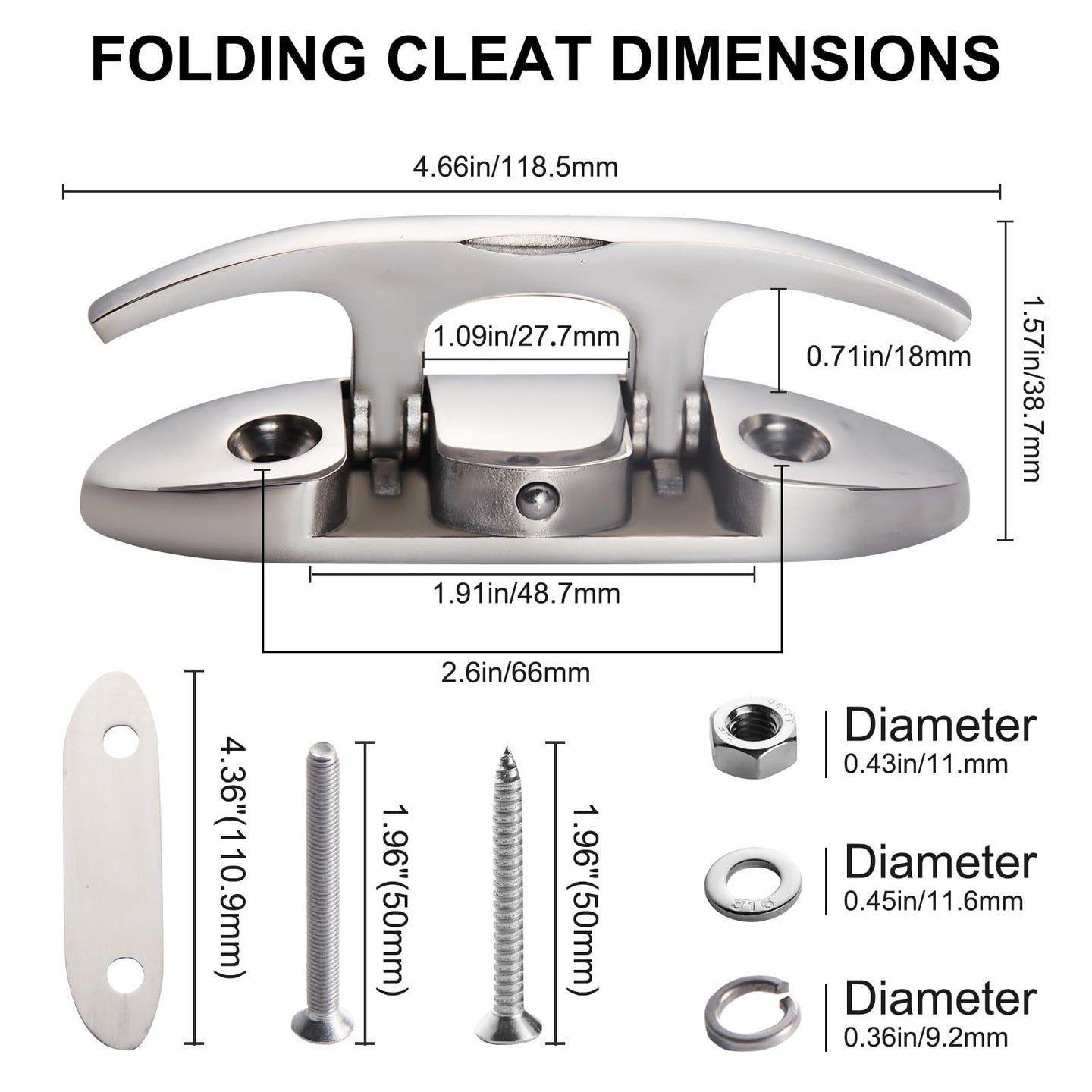Dimensions and size chart for the 4.5 inch and 6 inch folding boat cleats