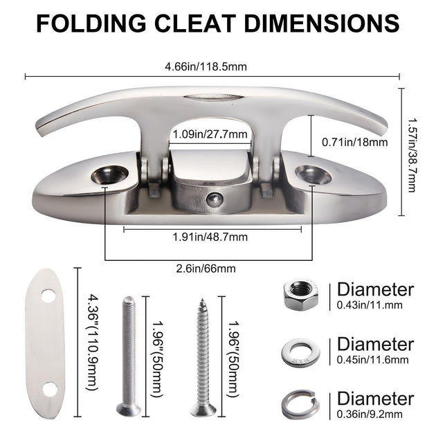 Dimensions and size chart for the 4.5 inch and 6 inch folding boat cleats